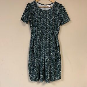 LuLaRoe Amelia Floral Dress Women’s XL Fit Flare Pleated Green Blue Summer Flowy